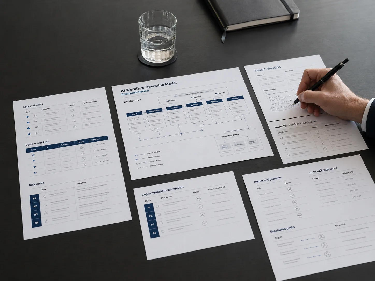 Printed workflow operating model pages with approval gates, launch decisions and implementation checkpoints