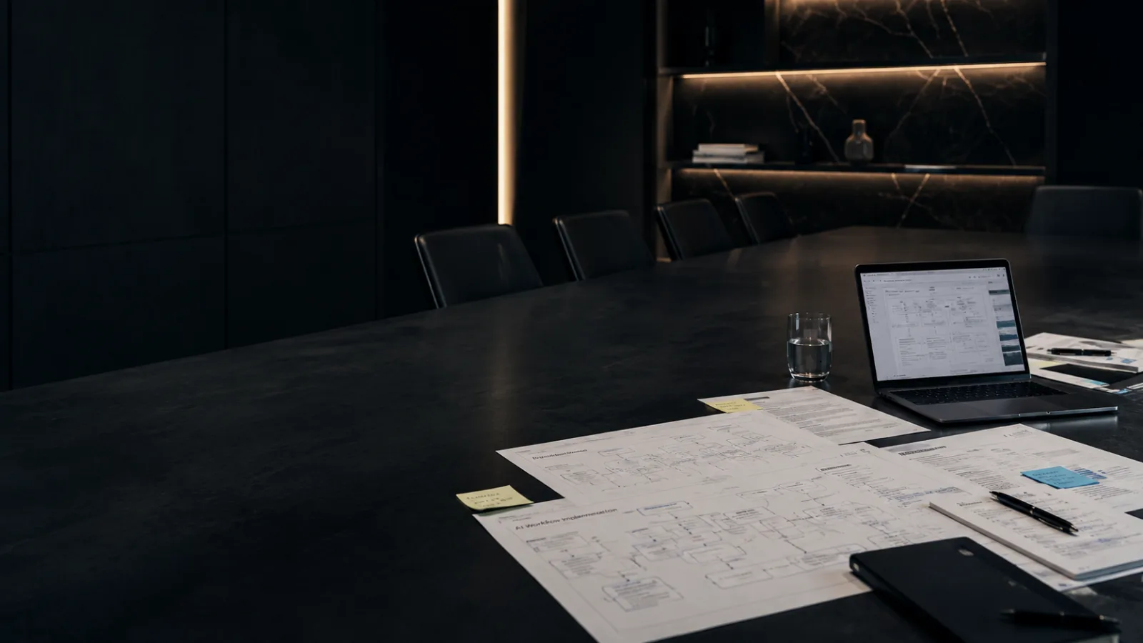 A dark boardroom table with a laptop, printed system documents and working notes