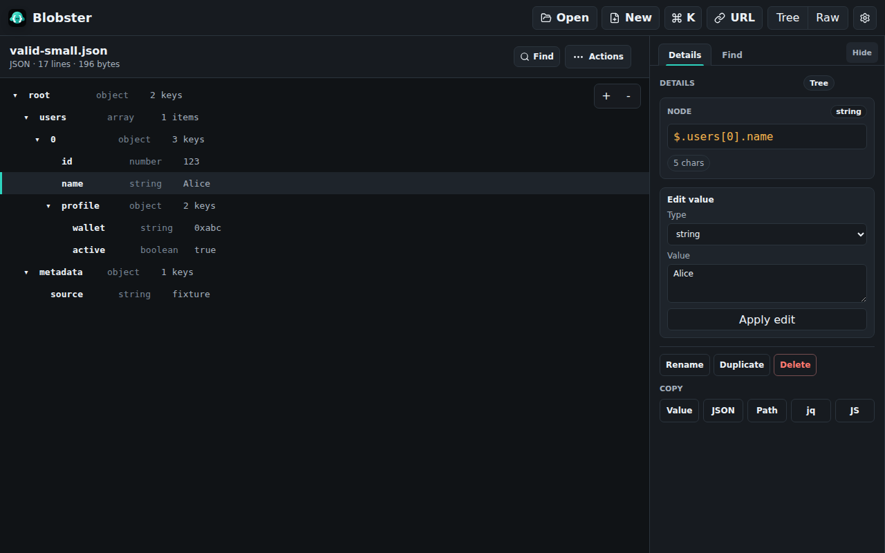 Blobster showing a JSON tree, selected path, and local edit controls.